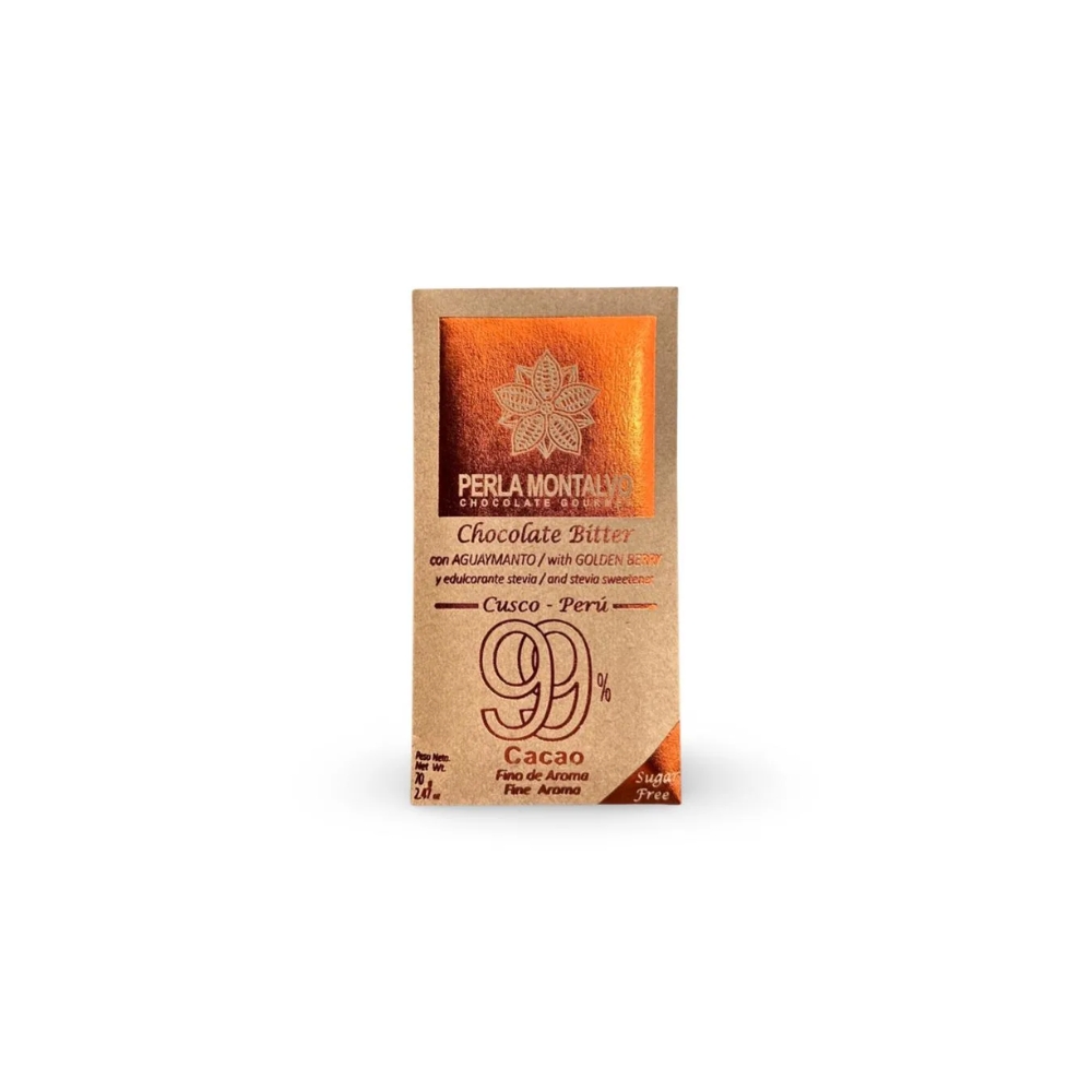 CHOCOLATE FINO DE AGUAYMANTO BITTER 99% CACAO ENDULSADO CON STEVIA X 70 GR PERLA MONTALVO