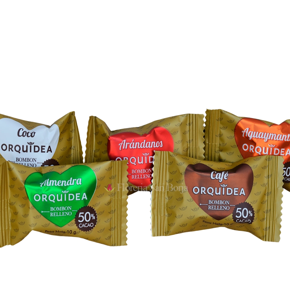 BOMBONES 50% CACAO RELLENOS POR UNIDAD ORQUIDEA