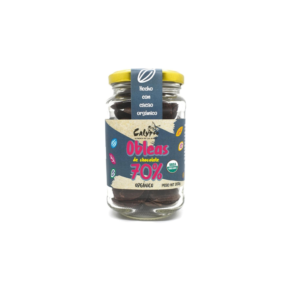 OBLEAS DE CHOCOLATES 70% DE CACAO VIDRIO 200GR CALYPSO